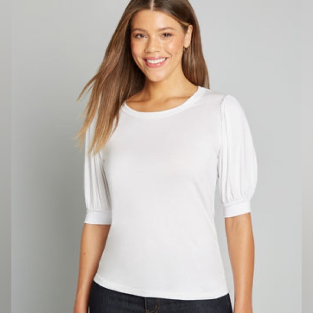 ModCloth White Pleated Puff Sleeve Top